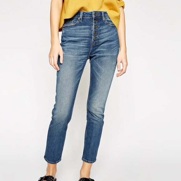 THE KOOPLES Lizy High-Rise Slim Distressed Whiskered Straight Leg Blue Jeans 28 - Picture 3 of 9